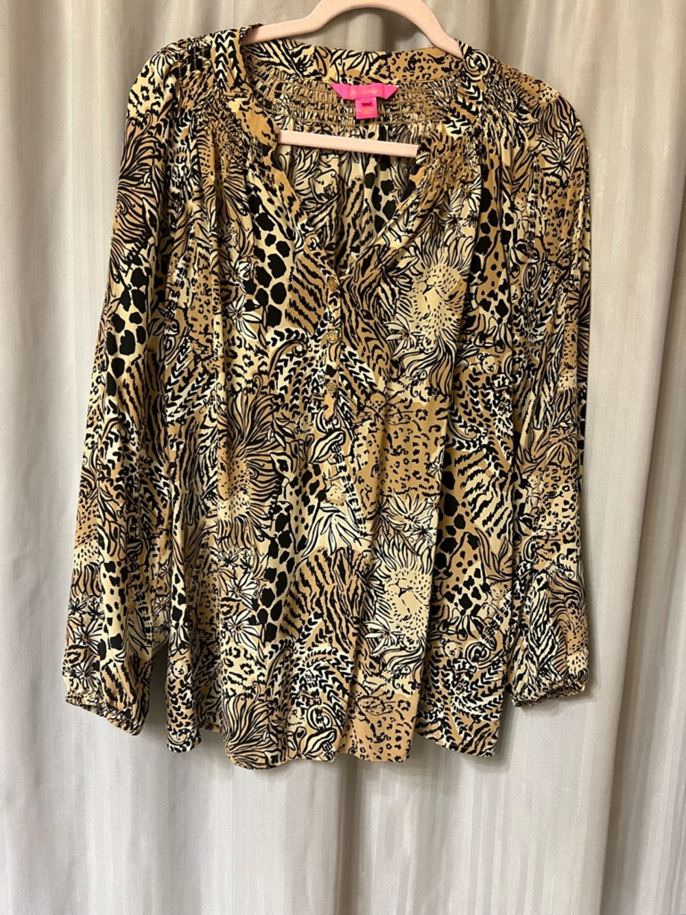 Lilly Pulitzer Elsa 100% silk Top in Rattan Walk on the Wild side size L